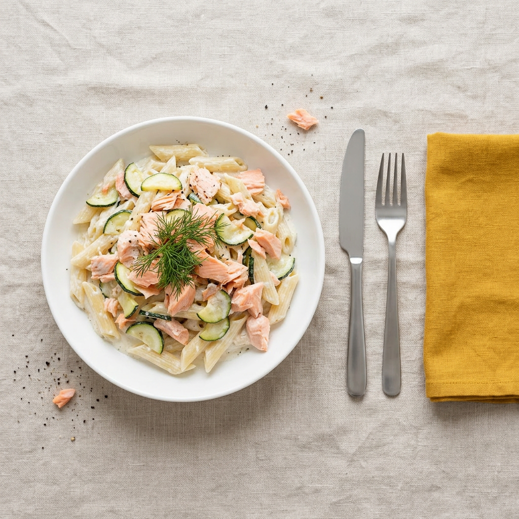 Romige pasta met zalm en courgette